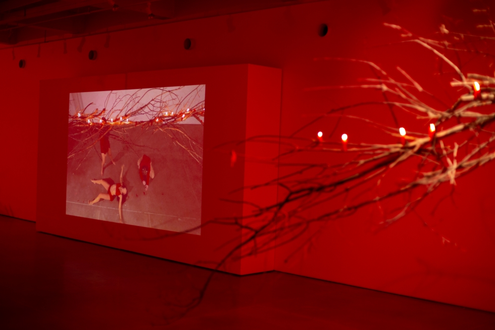 Swan Ferraro installation image 5 - A room illuminated in red with a tree branch on the right covered in candles. To the left is a wall with a projection of several posed people
