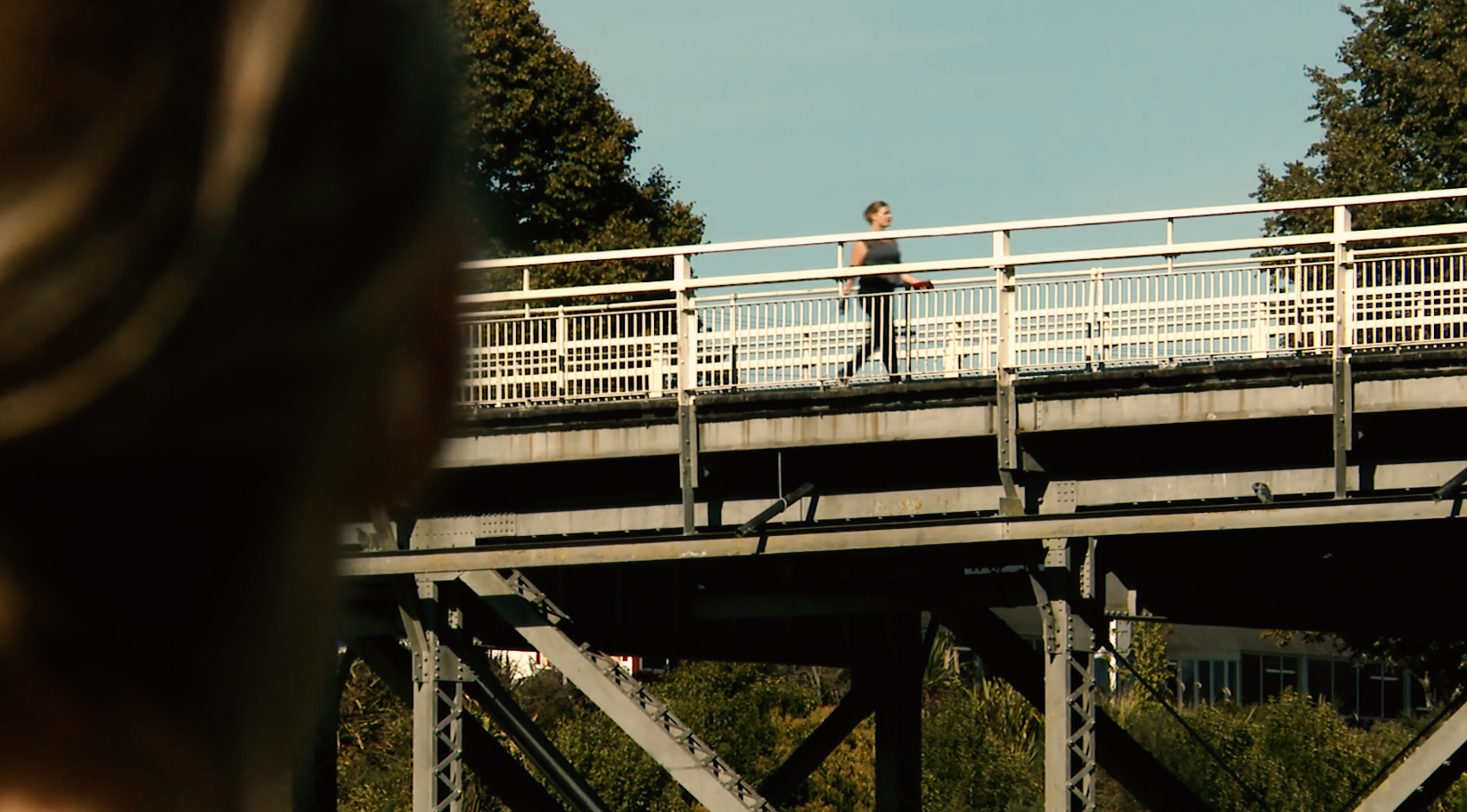 image of a woman viewing her double on a pedestrian bridge